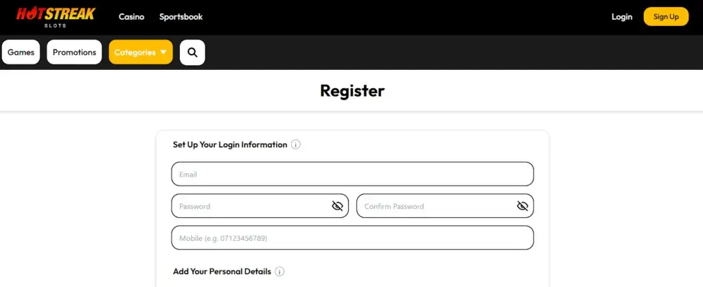 Registration before the Hot Streak Casino Login